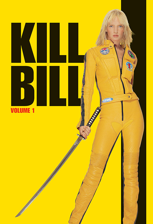 Official Miramax Kill Bill: Vol. 1 art showing Uma Thurman as the Bride in a yellow suit with a sword.
