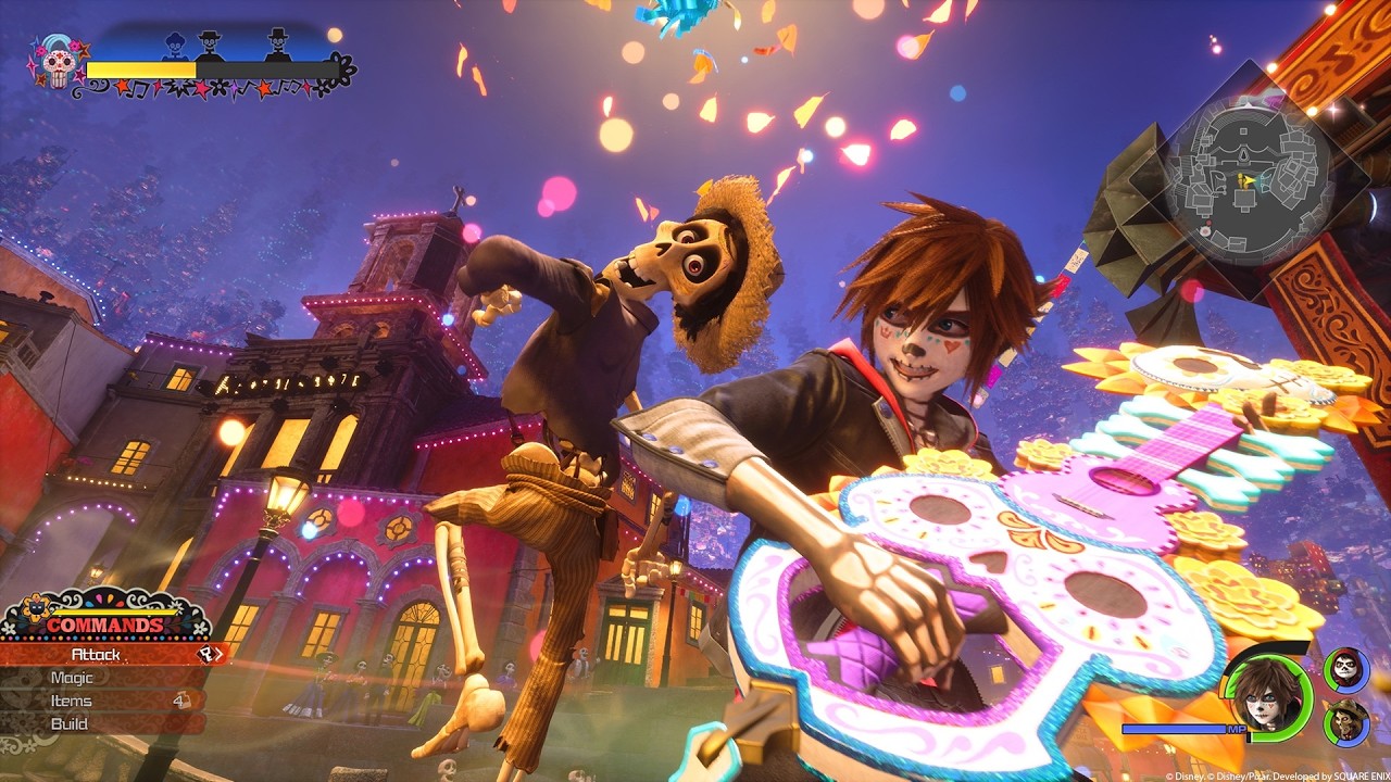 Sora wielding a Coco-themed Keyblade during combat in the Land of the Dead in Kingdom Hearts IV