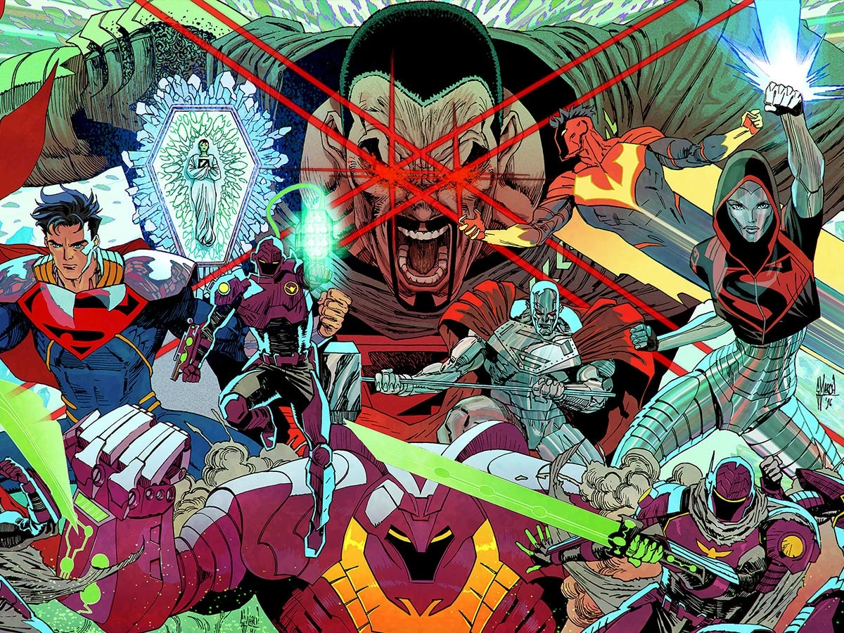 Official DC connecting cover art for Kingdom of Zod, showing General Zod towering over Superman, Superboy and a Kryptonian invasion force.