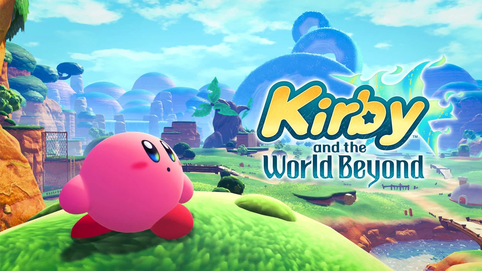 Official key art for Kirby and the World Beyond, showing Kirby standing on a grassy hill overlooking a sprawling landscape, beside the game's logo.