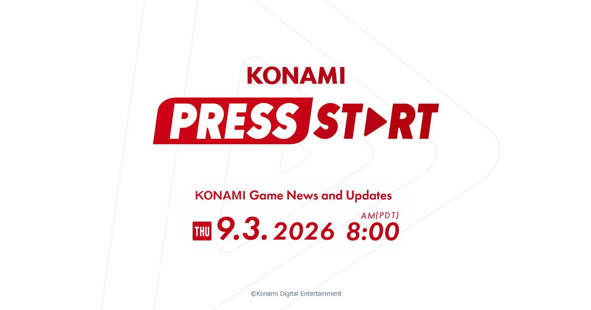 Official Konami Press Start key art showing the September 3, 2026 broadcast date and time.