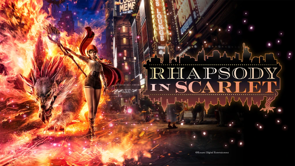 Official key art for Rhapsody in Scarlet showing Ellie Myers and a flaming beast companion in front of a 1920s New York street, revealed during Konami Press Start 2026.