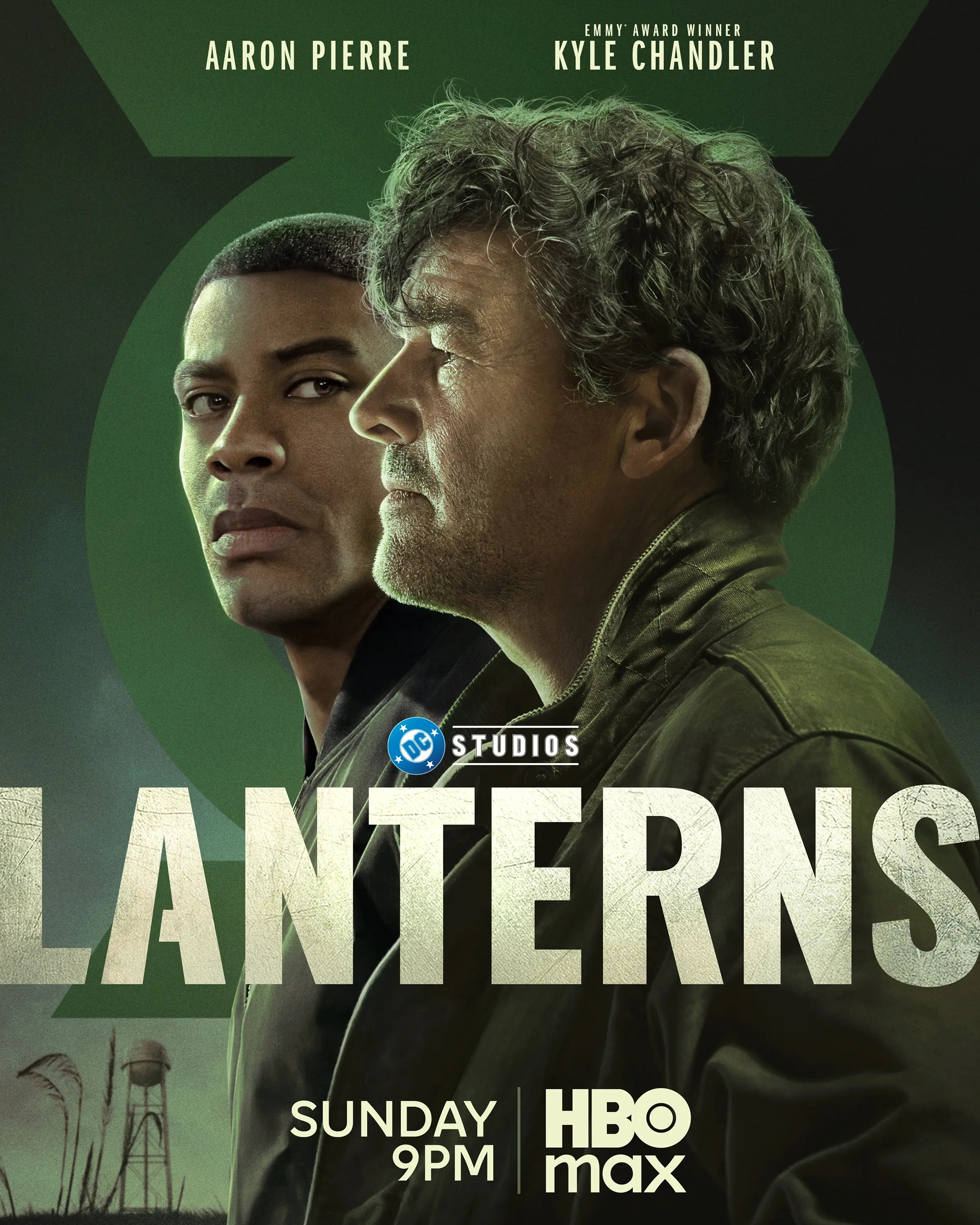 Official Lanterns Season 1 poster featuring Aaron Pierre as John Stewart and Kyle Chandler as Hal Jordan.