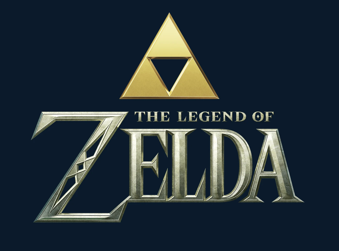 Official logo for The Legend of Zelda movie, showing the golden Triforce above the film's title in a metallic engraved font.
