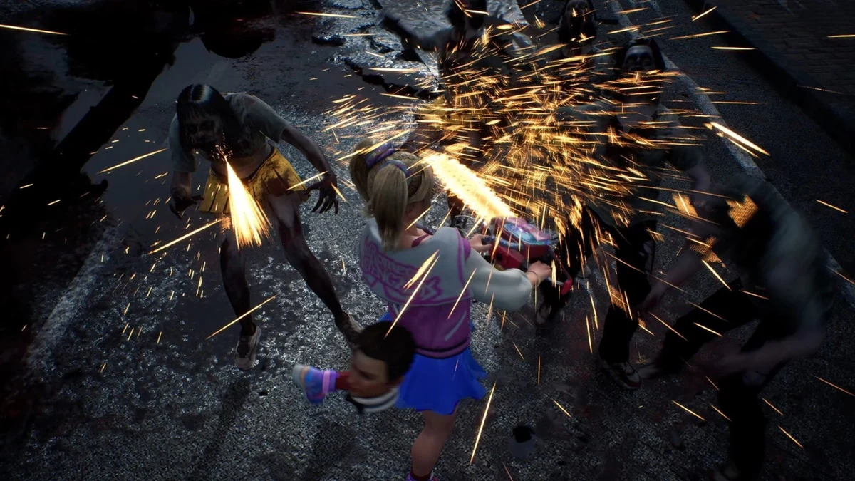 Juliet Starling swinging her chainsaw at zombies in a shower of sparks in Lollipop Chainsaw 2 Back2Back gameplay footage.