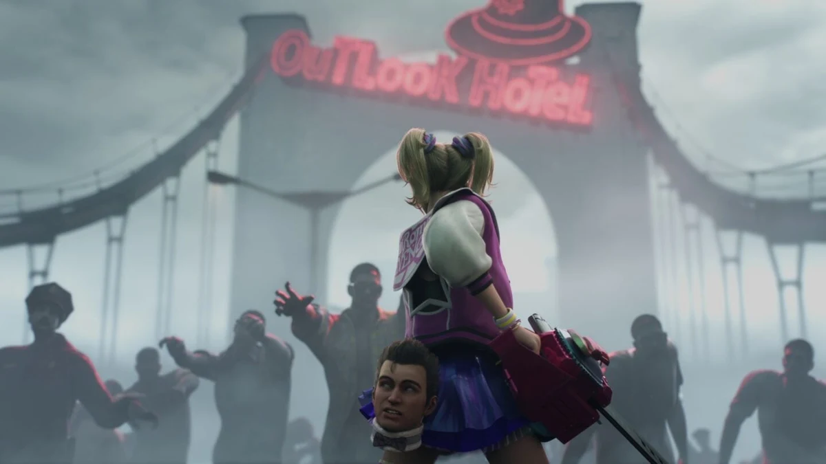Juliet Starling, carrying Nick's severed head, looking up at a neon Outlook Hotel sign surrounded by zombies in Lollipop Chainsaw 2 Back2Back.