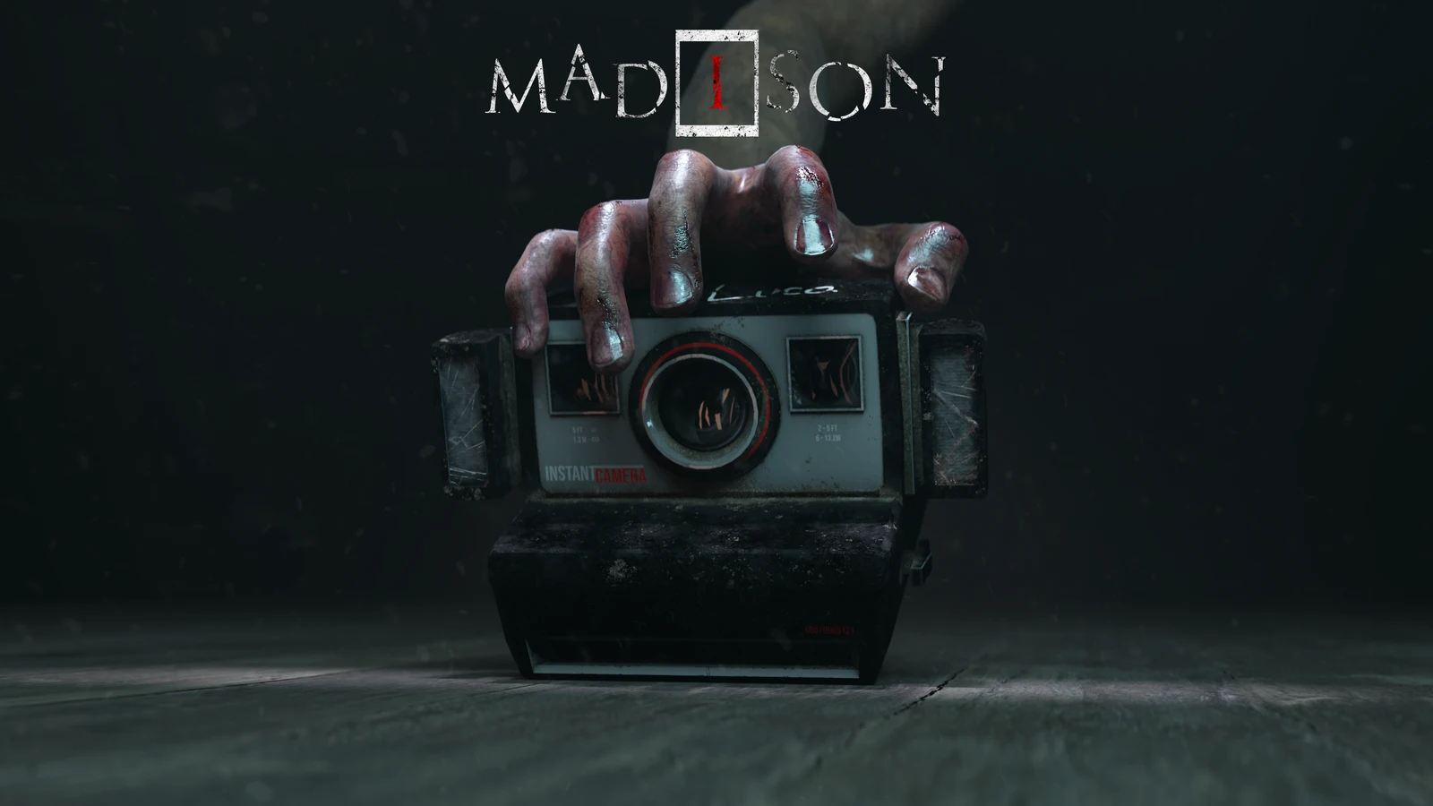 Official MADiSON game artwork showing a hand gripping a weathered instant camera beneath the game's logo.