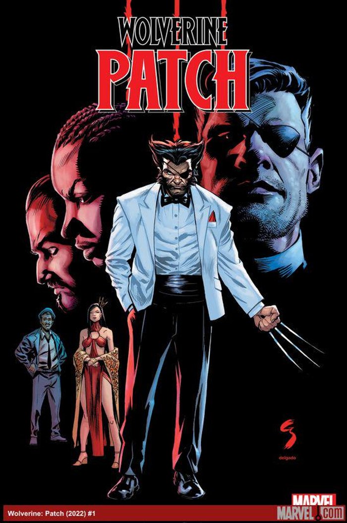 Cover of Wolverine: Patch (2022) #1, showing Logan in his white suit and eyepatch disguise in Madripoor.