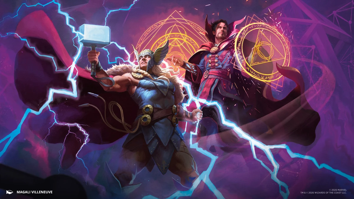 Thor raises Mjolnir amid blue lightning while Doctor Strange casts golden spell circles in official Marvel: Darkhold Destiny artwork.