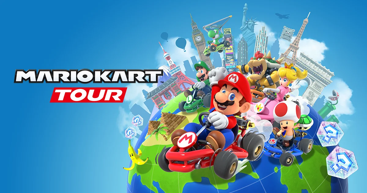 Official Mario Kart Tour artwork featuring Mario and other racers above the game's logo.