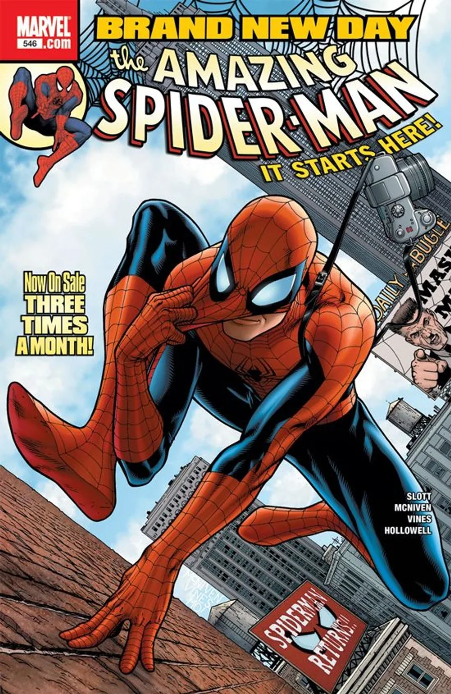 Steve McNiven's cover for The Amazing Spider-Man #546, showing Spider-Man above city buildings.
