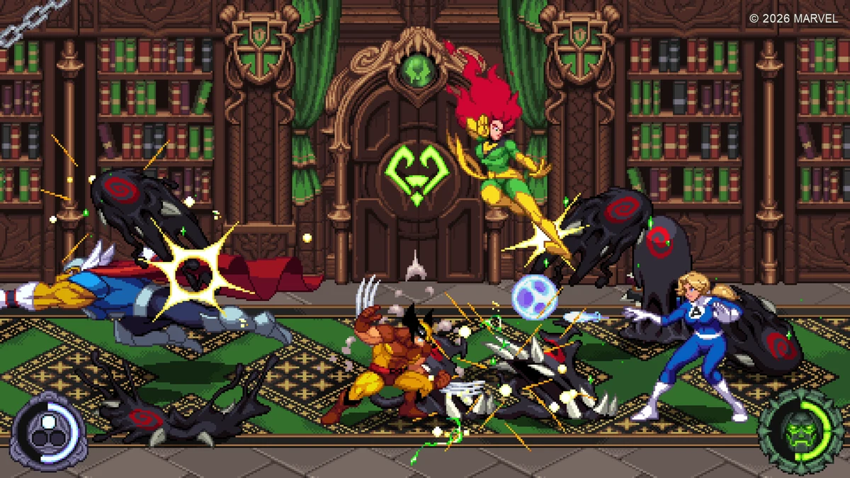 Official Castle Doom mode gameplay screenshot showing Marvel heroes fighting robots in a pixel-art library beneath a green crested door.