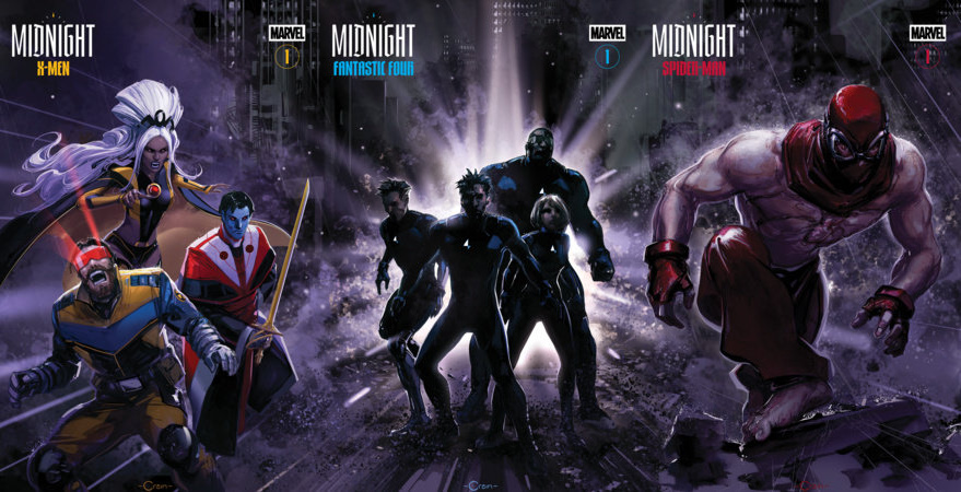 Clayton Crain's connecting cover artwork for Marvel's Midnight X-Men, Midnight Fantastic Four and Midnight Spider-Man.