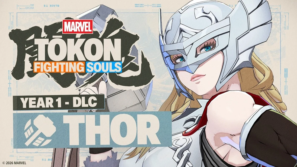 Jane Foster as Thor holds Mjolnir in official Marvel Tōkon: Fighting Souls Year One DLC announcement artwork, with the game logo and Thor lettering.