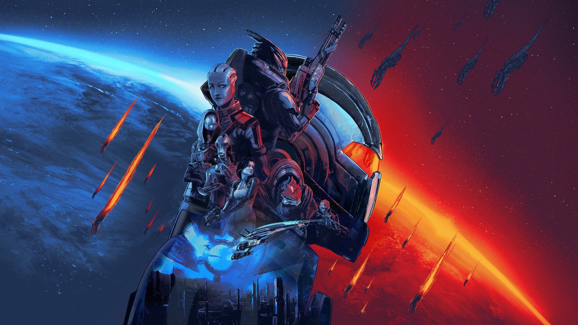 Official Mass Effect Legendary Edition archival artwork with Liara, Garrus and other trilogy characters inside a helmet silhouette against blue and orange space.
