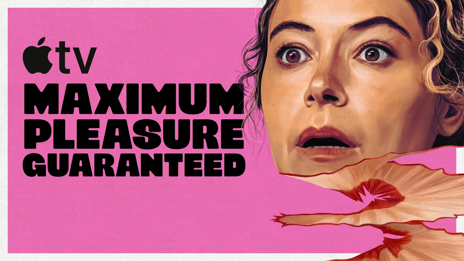 Official Maximum Pleasure Guaranteed key art with Tatiana Maslany as Paula beside the series title on a pink background.