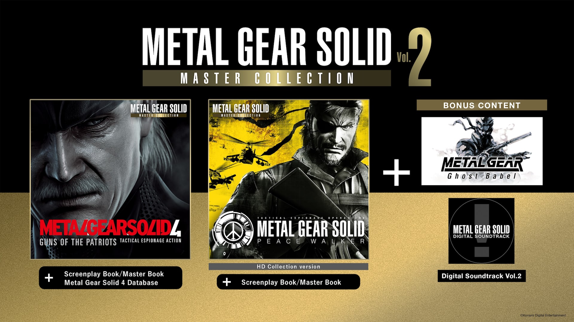 Metal Gear Solid: Master Collection Vol. 2 lineup showing Metal Gear Solid 4, Metal Gear Solid: Peace Walker and bonus title Metal Gear Ghost Babel.