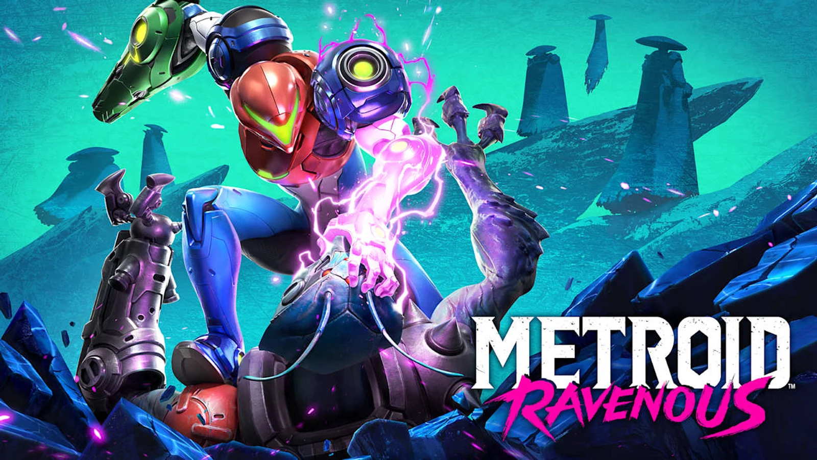 Official Metroid Ravenous key art showing Samus Aran draining pink energy from a large moth-like creature amid rocky, alien terrain, beside the game's logo.