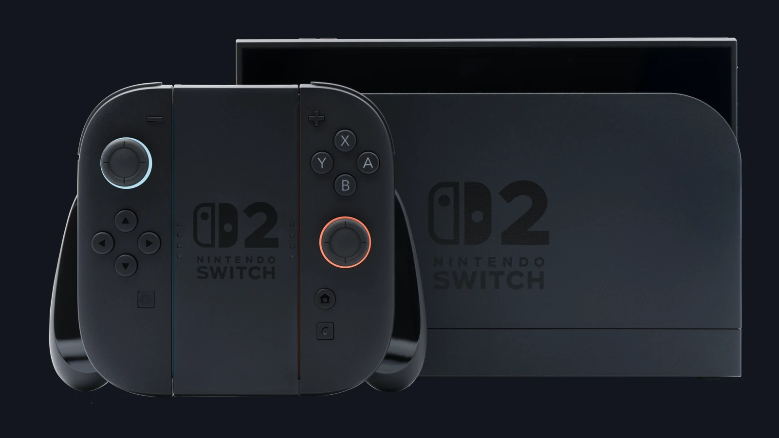 Nintendo Switch 2 console, dock and Joy-Con 2 hardware with the display off.