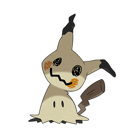 Official Pokémon artwork of Mimikyu in its Disguised Form, wearing its handmade Pikachu-shaped cloth.