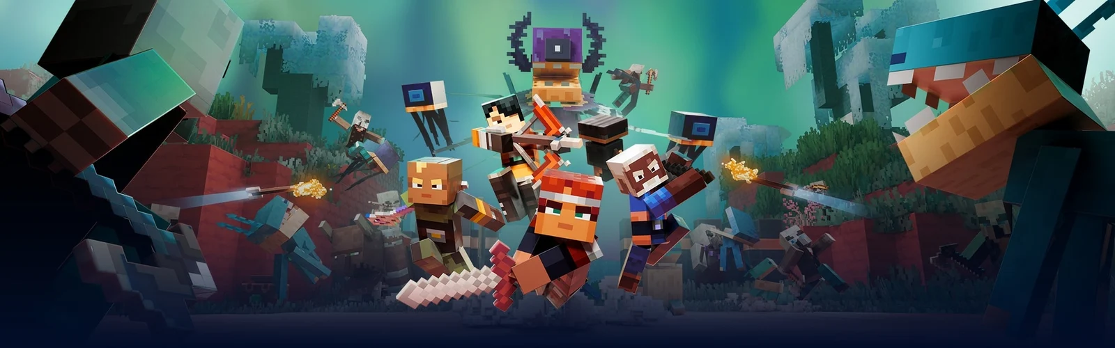 Official key art for Minecraft Dungeons II, showing four heroes fighting through a group of enemies in an underwater ruin setting.