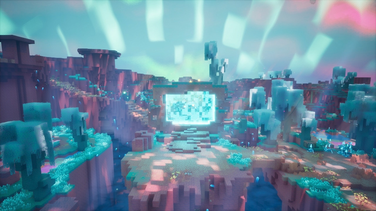 A glowing portal in The Sift as shown in official Minecraft Dungeons II art.