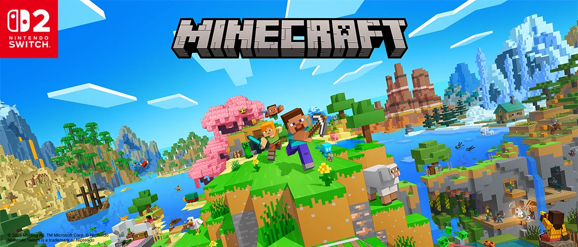Official Minecraft Switch 2 artwork showing Steve and Alex running through a blocky landscape, with a sheep and cherry trees.