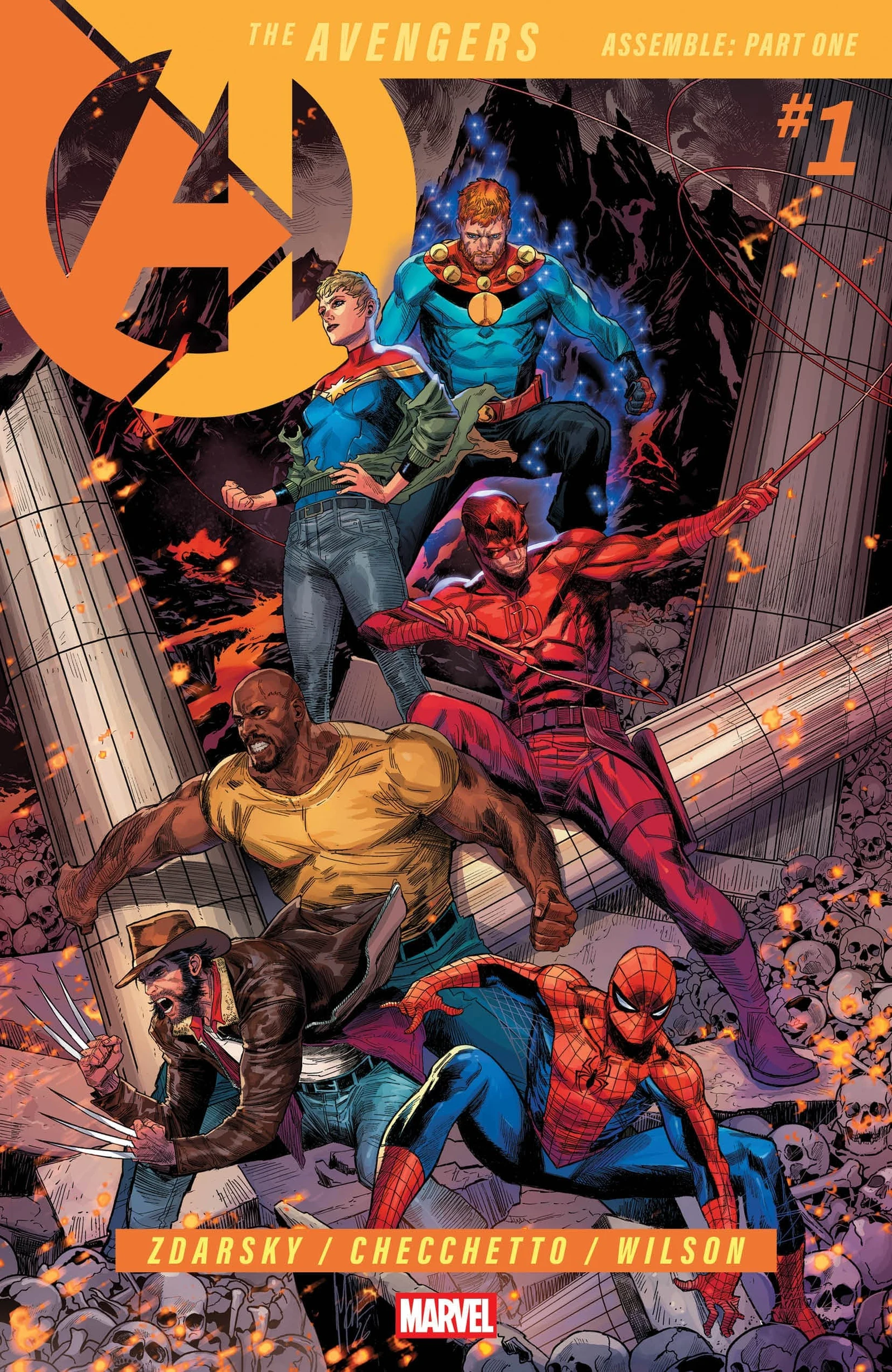 Main cover for Avengers #1 (2026) by Marco Checchetto, showing Captain Marvel, Spider-Man, Daredevil, Wolverine, Luke Cage and Miracleman.