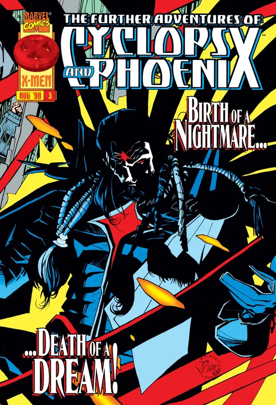 Cover of The Further Adventures of Cyclops & Phoenix #3, the issue in which Apocalypse transforms Nathaniel Essex into Mister Sinister