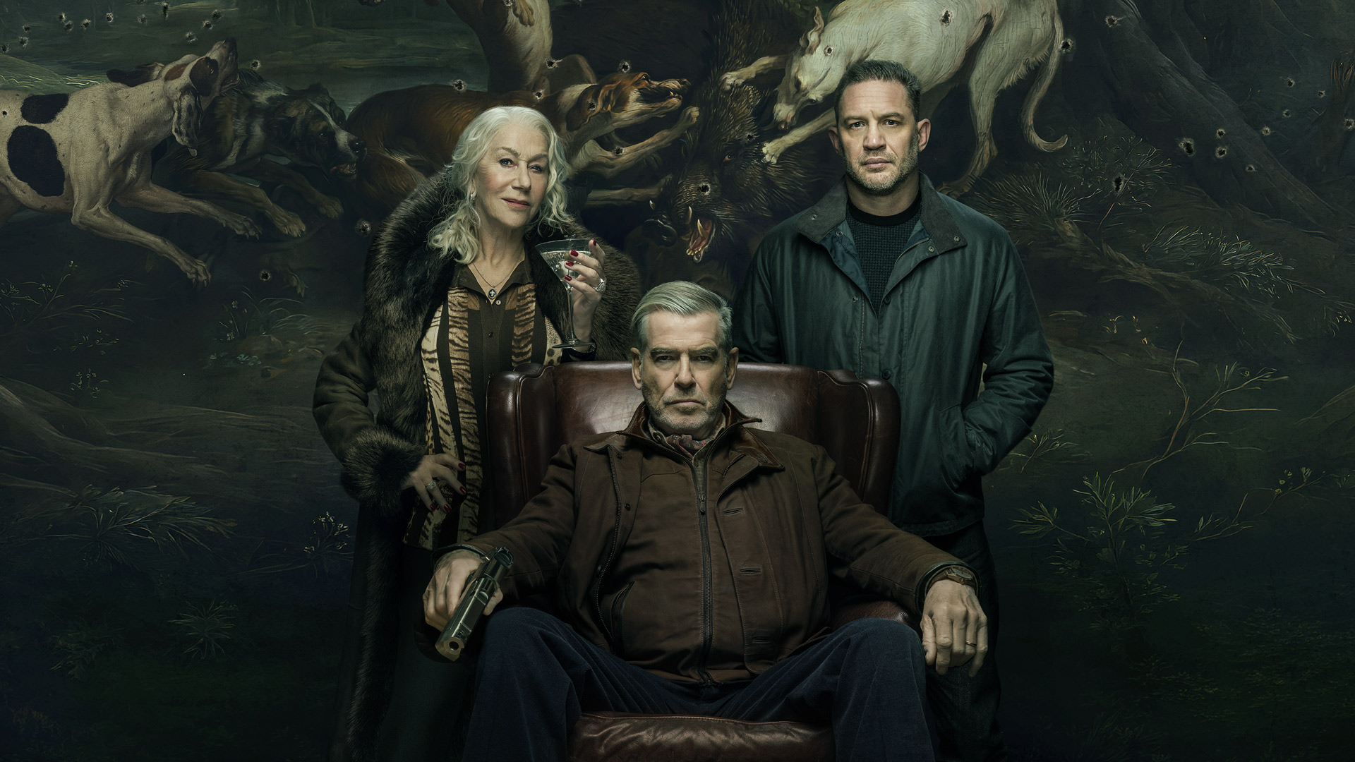 Helen Mirren, Pierce Brosnan and Tom Hardy in official MobLand Season 2 key art.