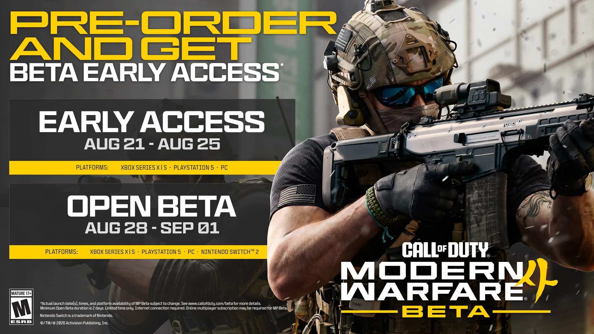 Official Call of Duty: Modern Warfare 4 beta artwork showing the August 21-25 Early Access period and August 28-September 1 Open Beta.