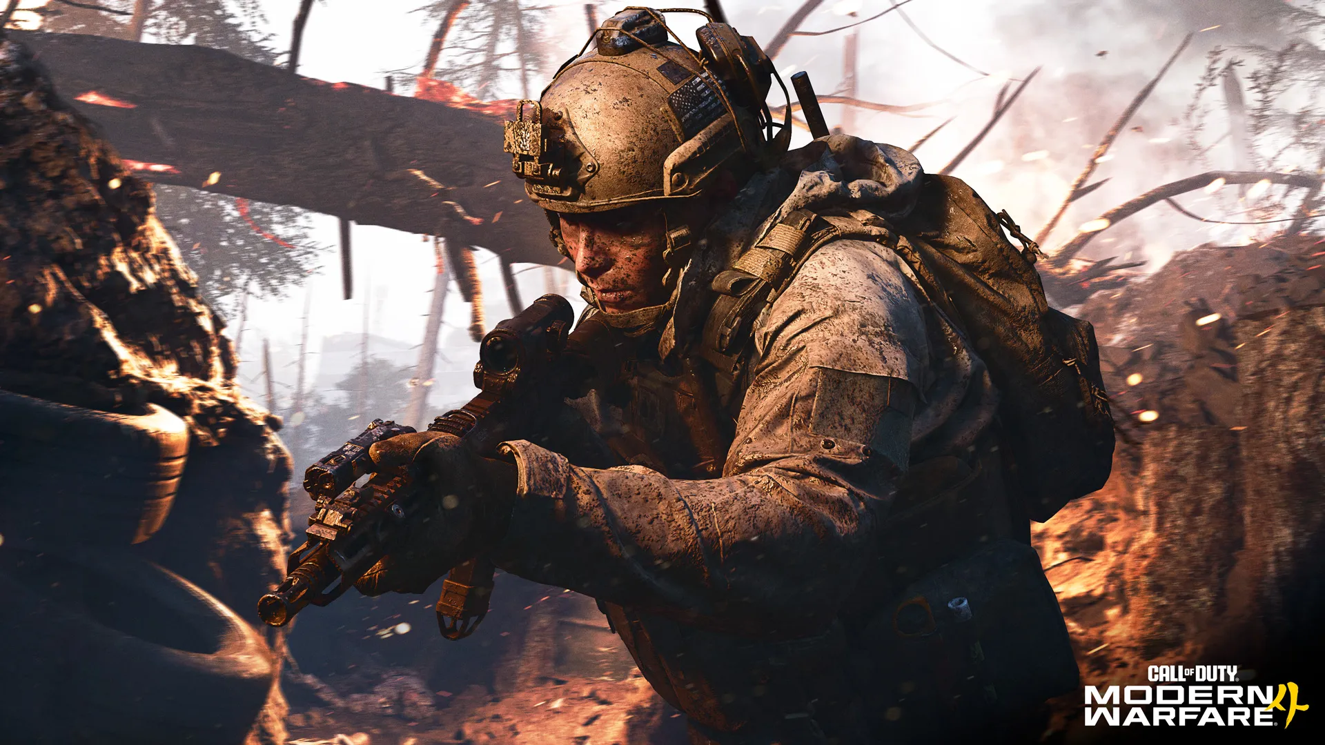 A soldier fights through a burning battlefield in the Modern Warfare 4 campaign mission Entrenched.