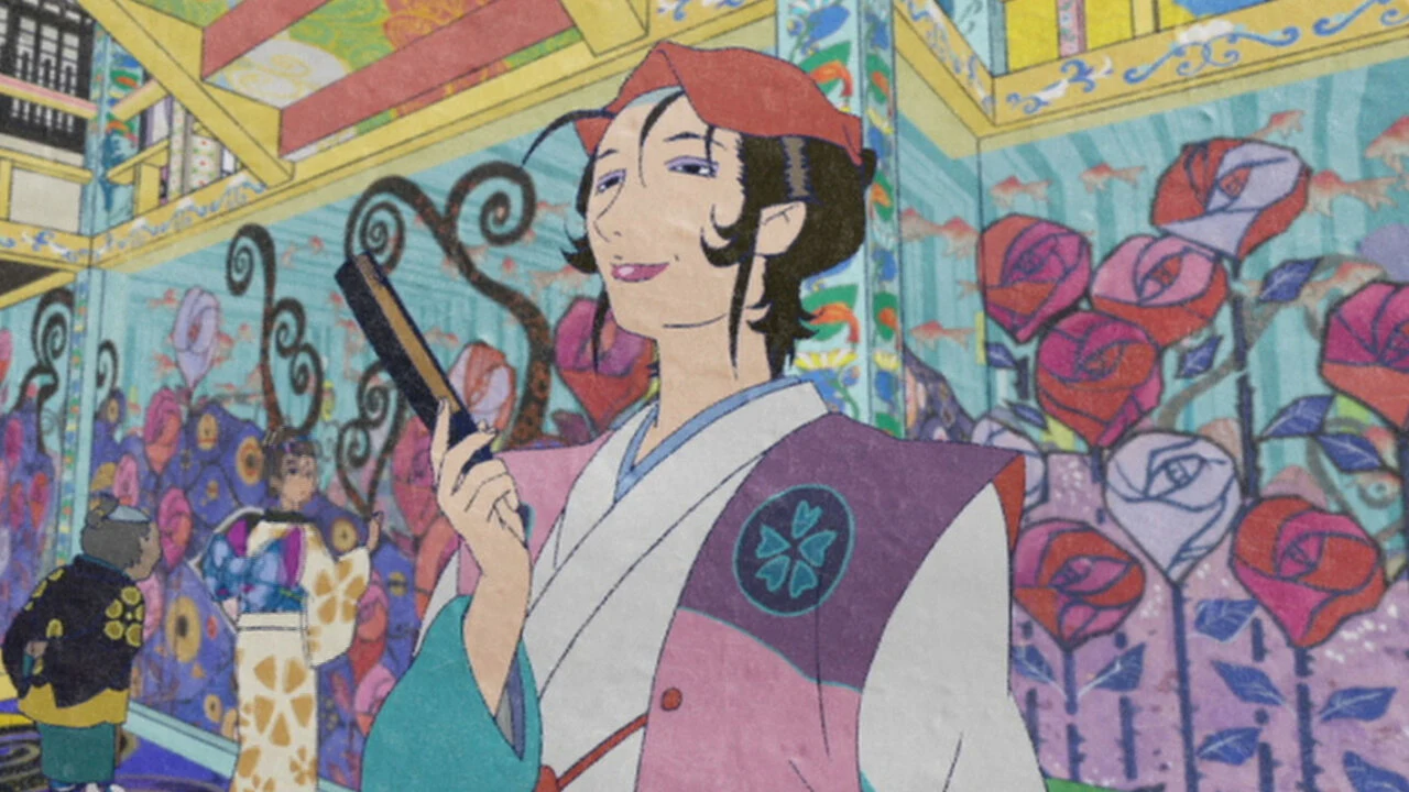 The Medicine Seller from Mononoke standing in an ornate, brightly patterned room, official key art from the 2007 anime.