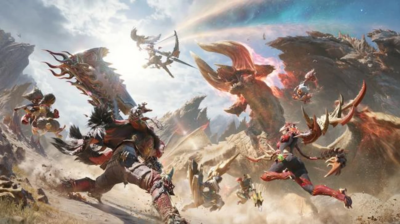Official Monster Hunter Outlanders key art showing hunters battling a large red monster.