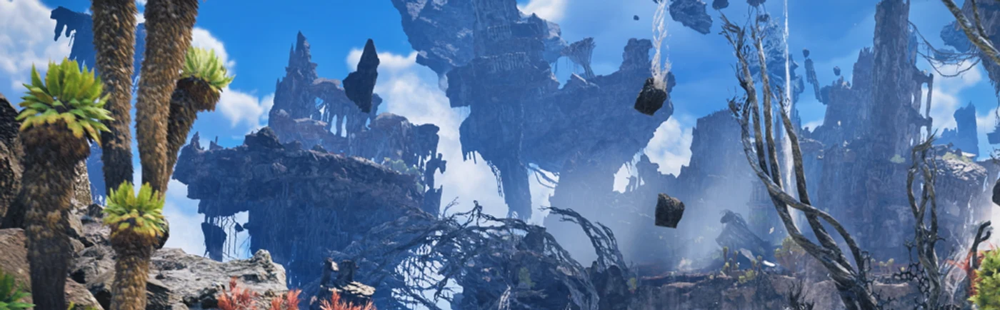 Floating rock formations in the Skybound Eyrie, a new location in Monster Hunter Wilds: Ascendance.