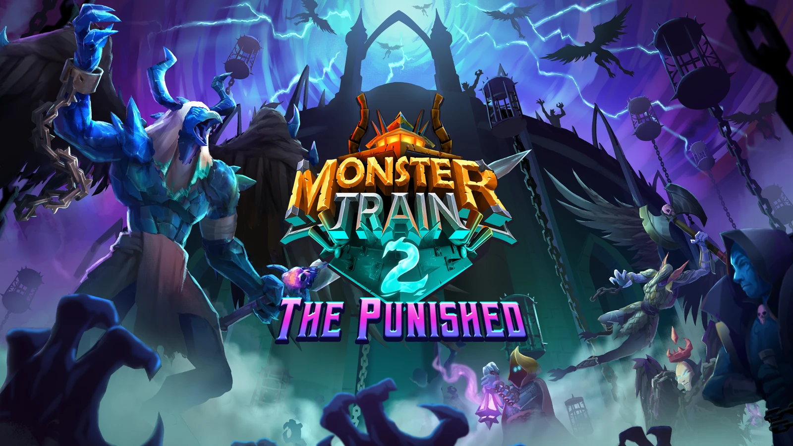 Monster Train 2: The Punished official key art shows chained fantasy figures around the expansion logo against a storm-lit fortress.