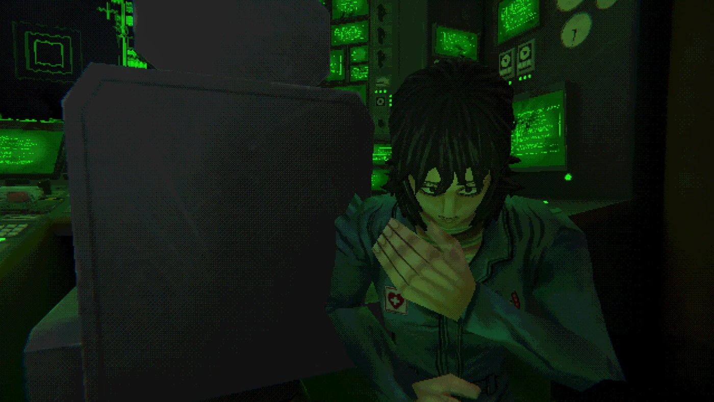 A dark-haired Mouthwashing character stands beside monitors in a green-lit ship interior, in a publisher-supplied game screenshot.