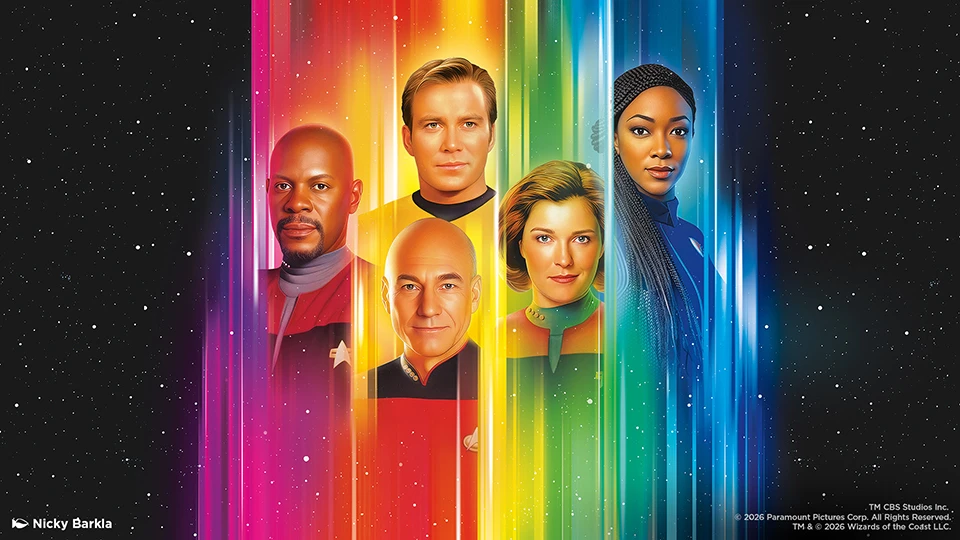 Nicky Barkla's official MTG Star Trek promotional illustration shows Captains Benjamin Sisko, James T. Kirk, Jean-Luc Picard, Kathryn Janeway and Michael Burnham against rainbow light and stars.