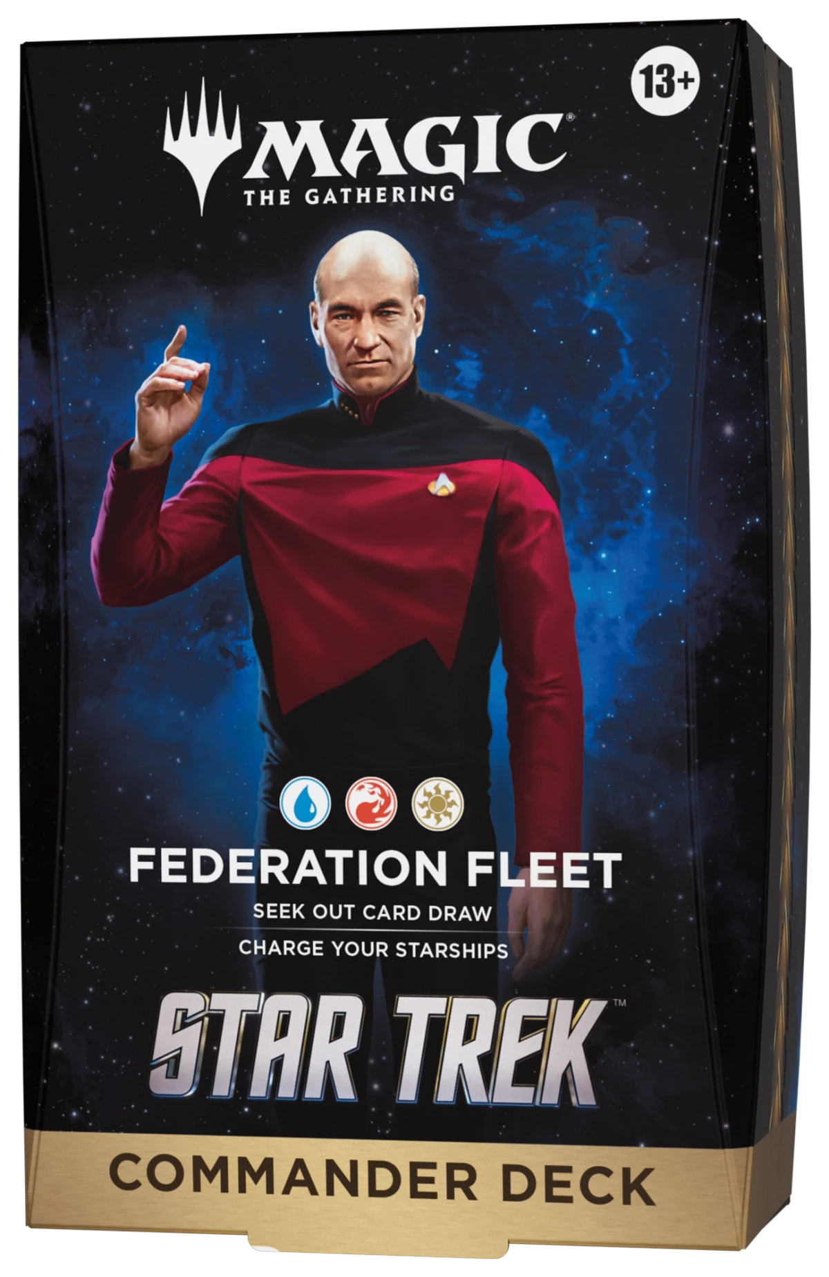 Official Magic: The Gathering Star Trek Federation Fleet Commander deck packaging depicts Captain Jean-Luc Picard in a red Starfleet uniform.