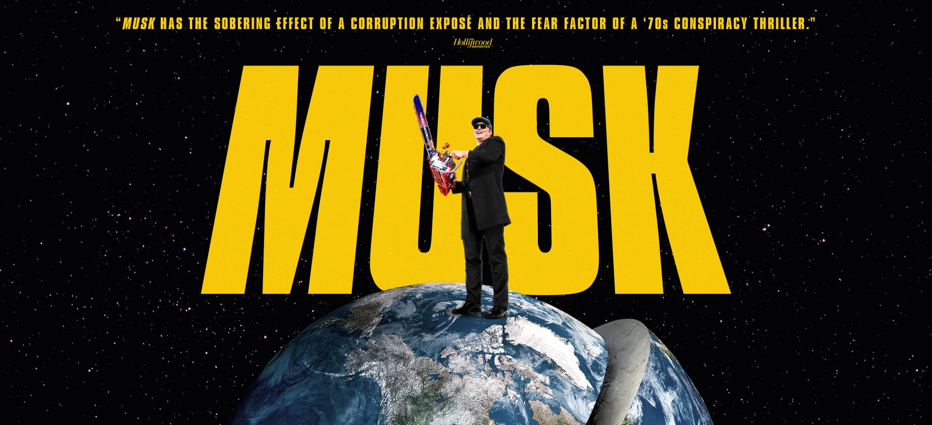 Official Bleecker Street Musk artwork with the documentary title and Elon Musk standing above an image of Earth.