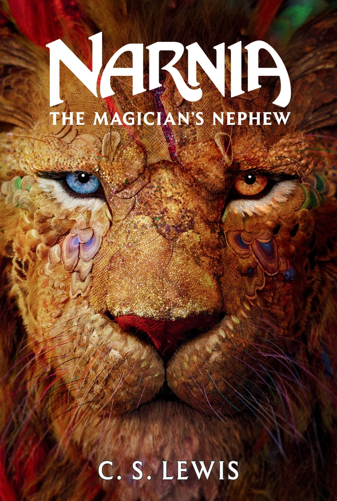 Aslan's face fills the new Narnia: The Magician's Nephew paperback cover, with the book title above and C. S. Lewis's name below.