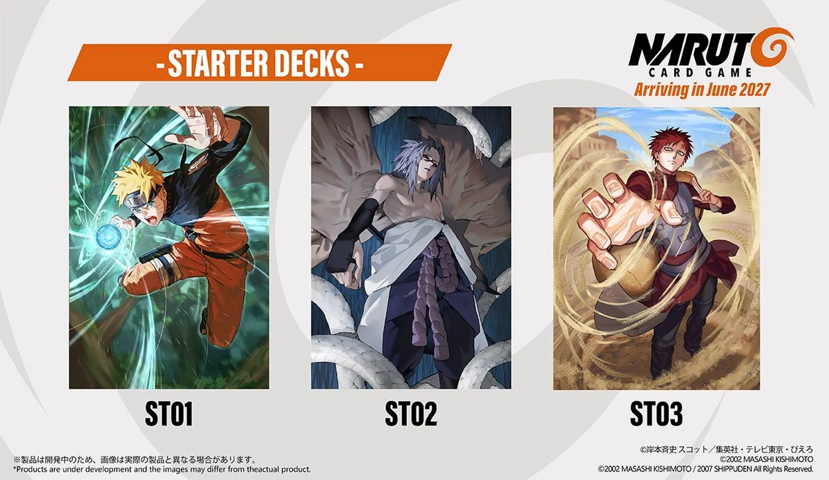 Official Naruto Card Game starter-deck promotional art showing Naruto, Sasuke and Gaara, labeled ST01, ST02 and ST03, with a June 2027 release window.