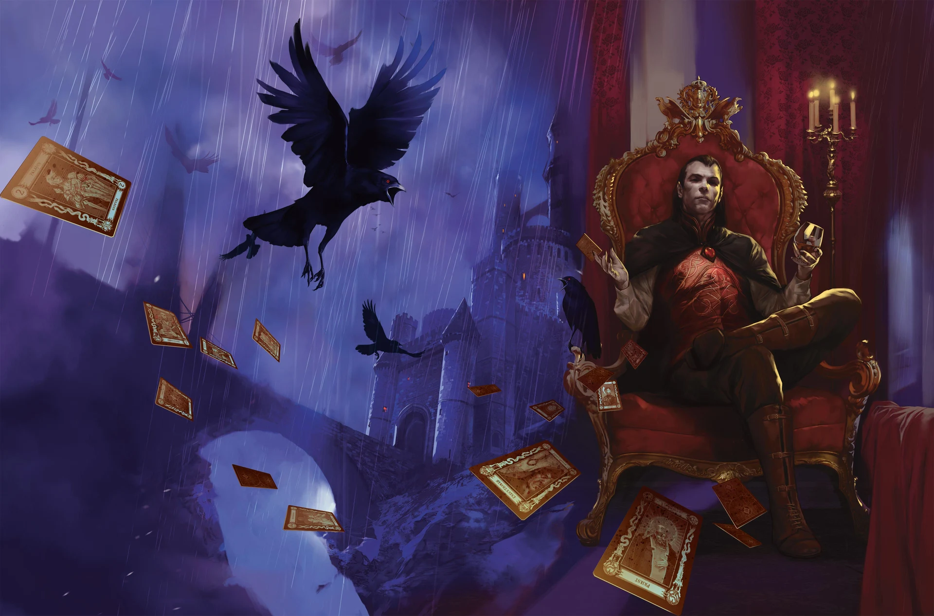 Official Dungeons & Dragons Curse of Strahd cover artwork showing Strahd von Zarovich seated on his throne inside Castle Ravenloft, surrounded by ravens and scattered Tarokka cards.