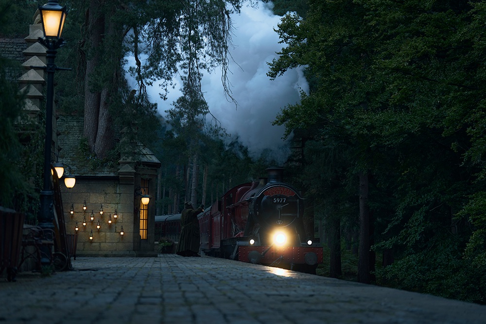The Hogwarts Express arriving at Hogsmeade station in HBO's Harry Potter series.