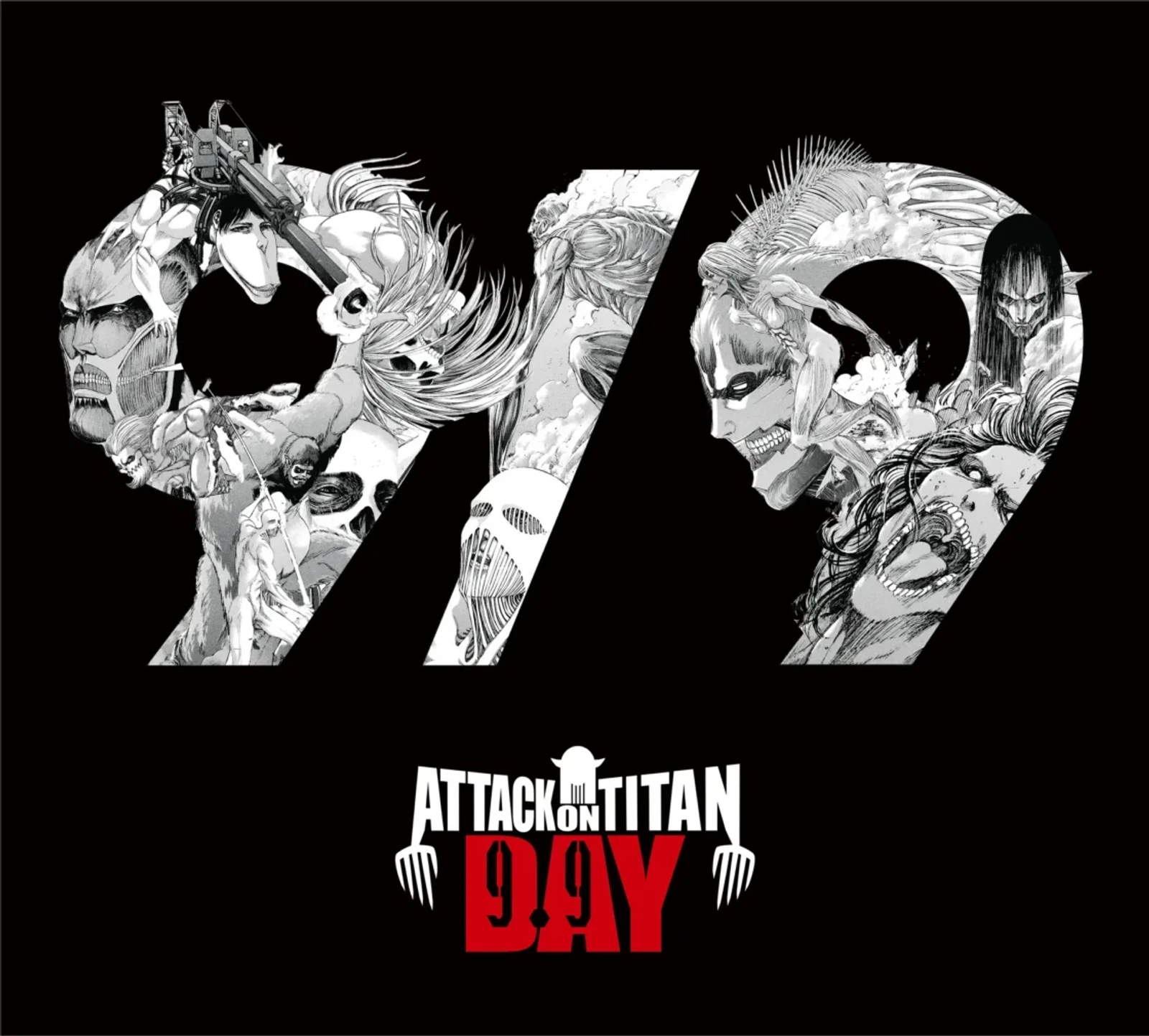 Official Attack on Titan Day 2026 commemorative visual, showing all Nine Titans rendered inside a stylized '9/9' design above the Attack on Titan Day logo.