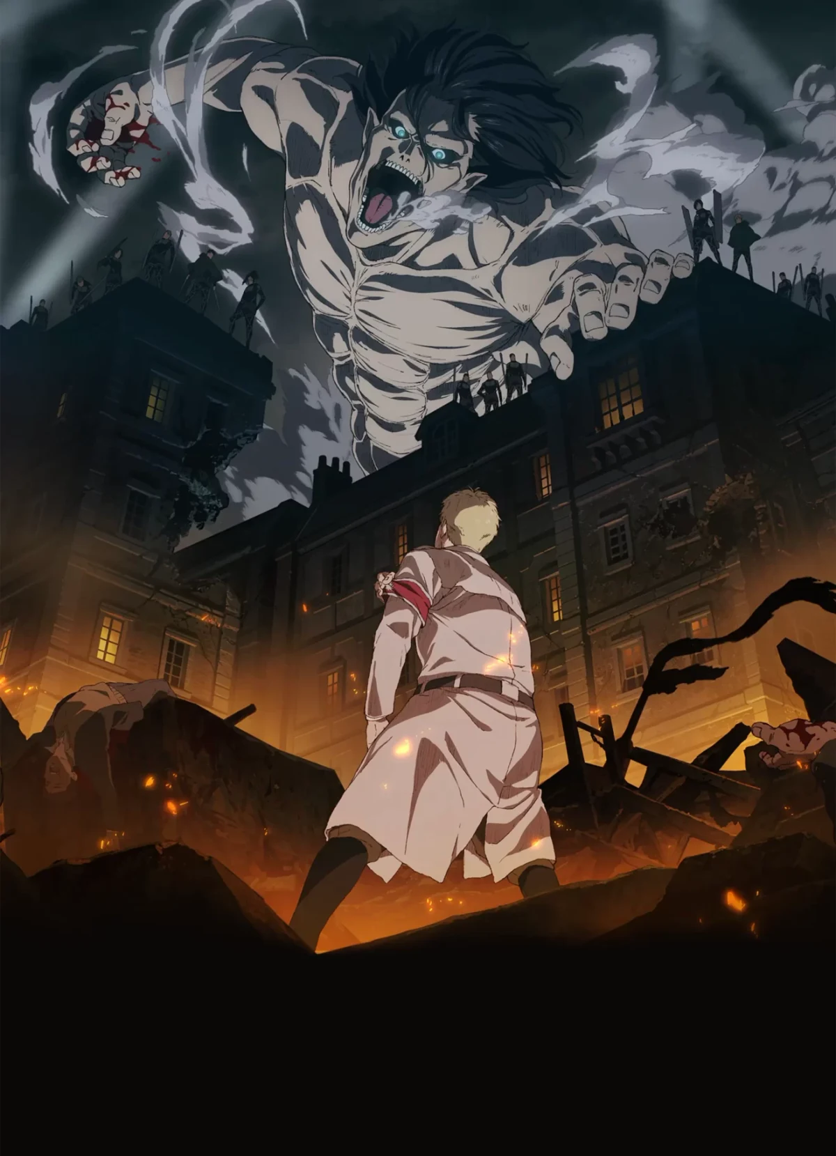 Official Attack on Titan Final Season key visual, showing Eren Yeager's Founding and Attack Titan hybrid form looming over the Survey Corps amid a burning city.