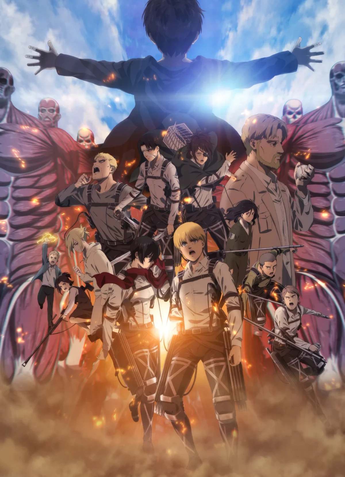 Official key visual for Attack on Titan: THE LAST ATTACK, showing the Survey Corps standing before Eren's silhouette with rows of Colossal Titans in the background.