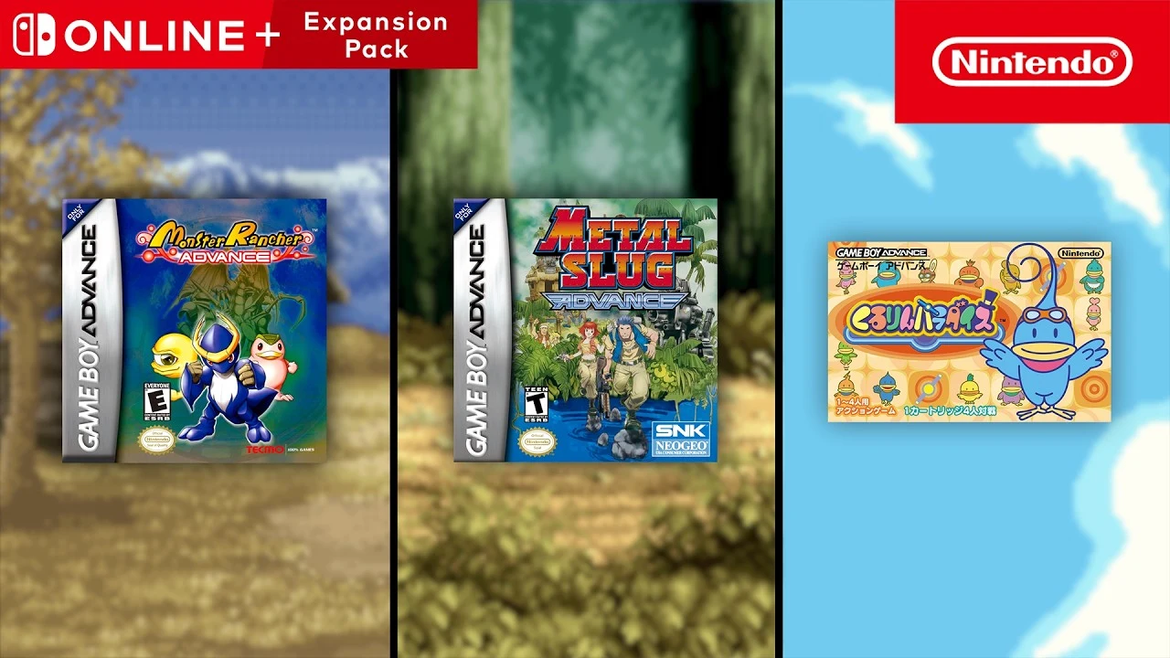 Nintendo’s official October 2026 GBA update artwork showing the Monster Rancher Advance, Metal Slug Advance and Kururin Paradise game boxes.