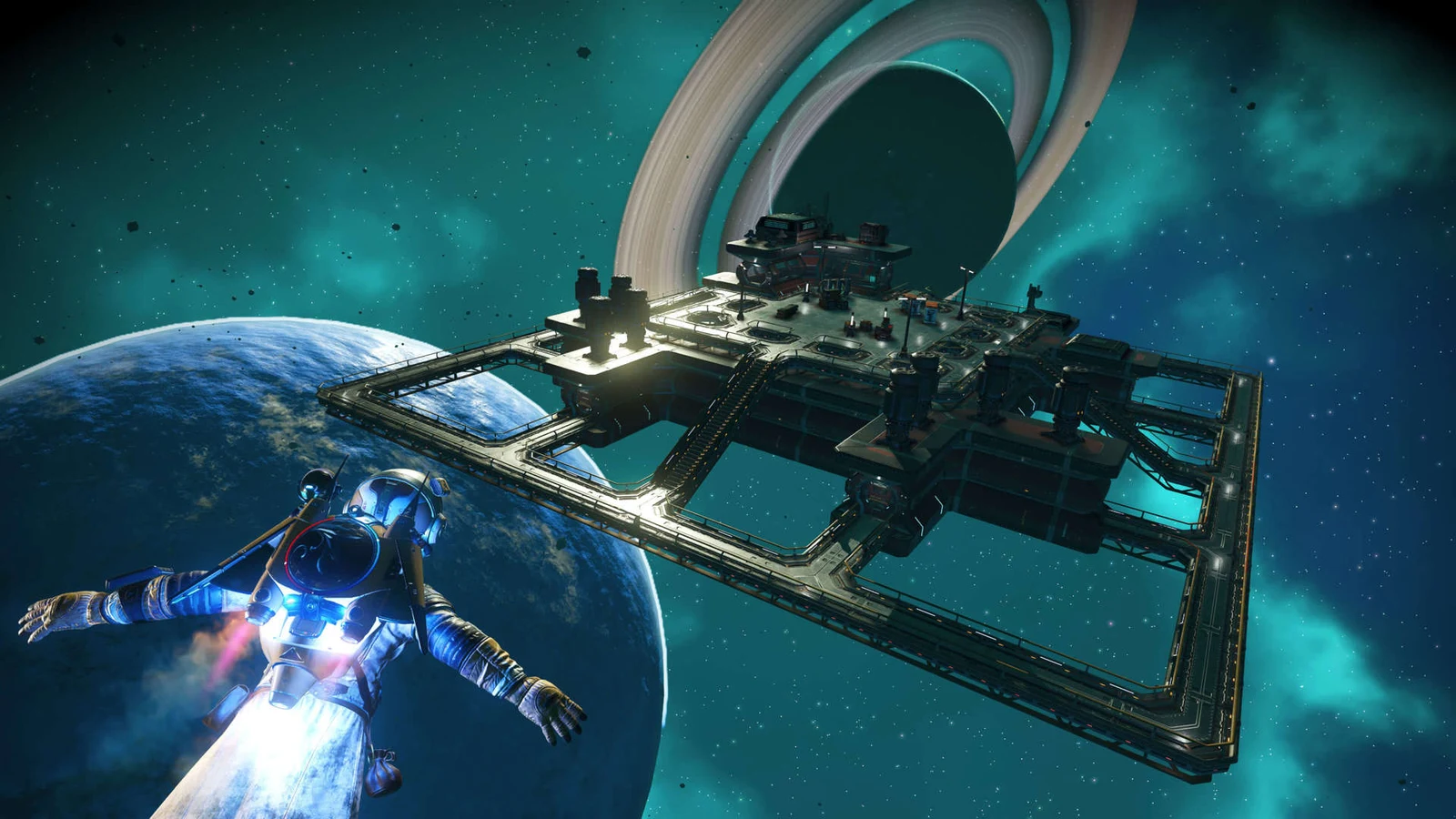 A player character flying through space toward a player-built modular orbital space station above a ringed planet in No Man's Sky COSMOS.