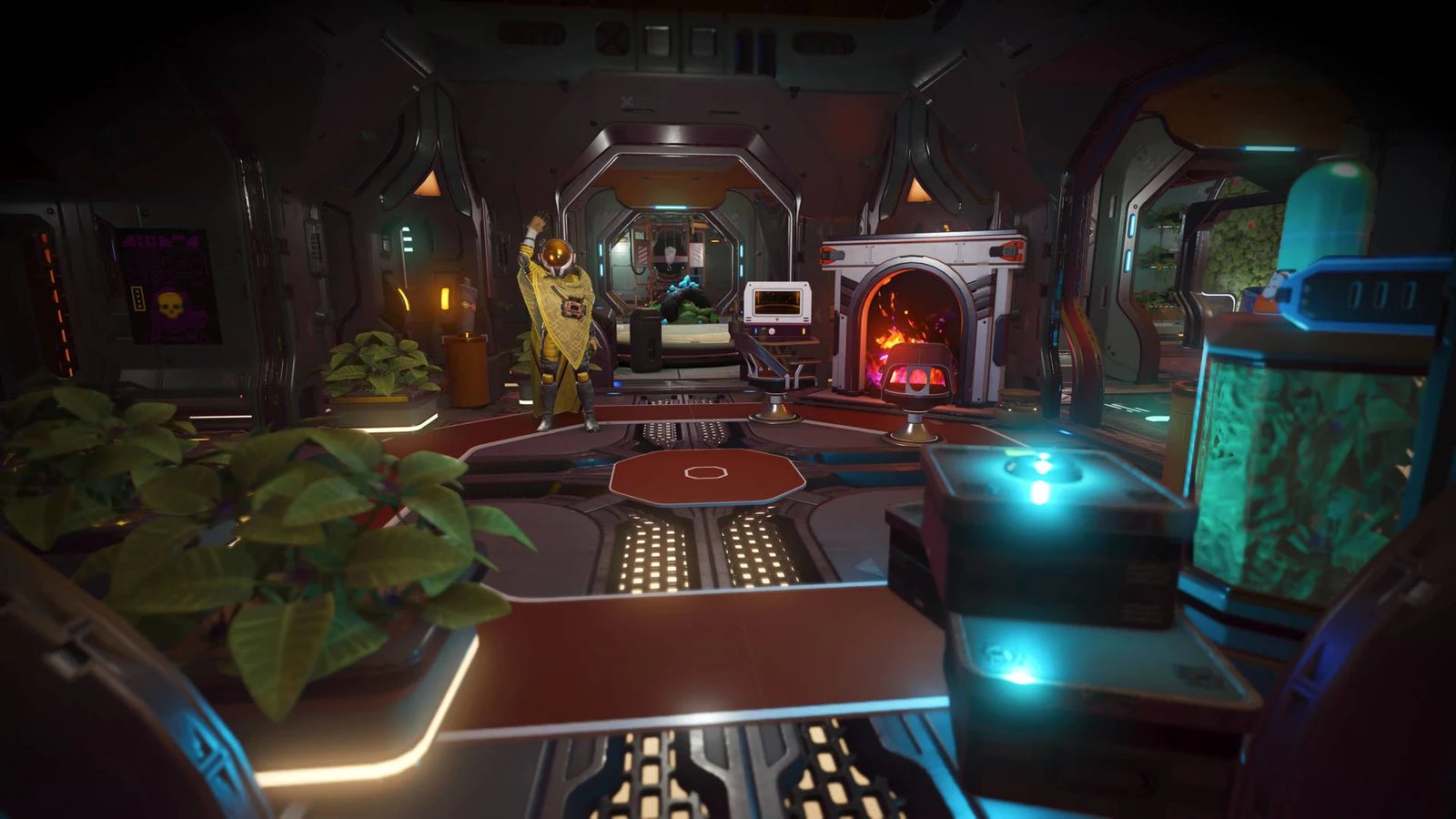 The interior of a player-customized space station lobby in No Man's Sky, showing decorated seating, a fireplace and plants.